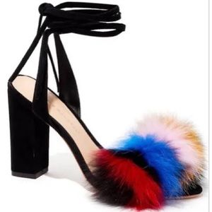 Loeffer Randall black and rainbow REAL fur ankle tie heels